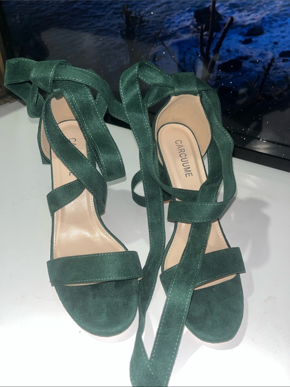 Carccuume Women's Emerald Suede Wrap Tie Heels